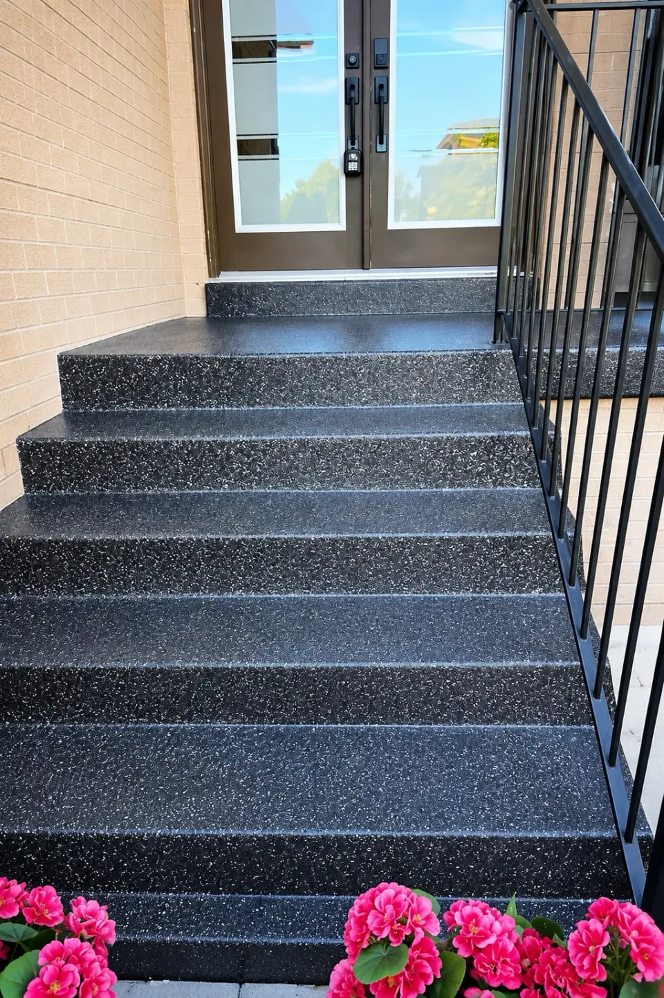 Entry steps with a dark speckled coating